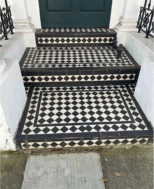 Victorian pattern tiled floor and steps